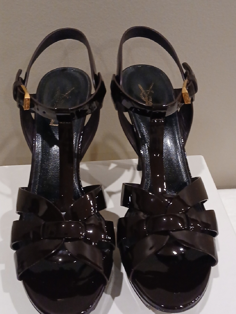 Saint Laurent Tribute Burgundy Patent Leather T-Strap Heels (85MM)